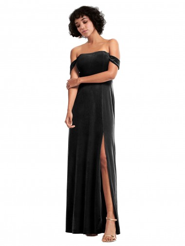 Vendedor de Fora do Ombro Veludo Elástico Sem Mangas Preto Vestidos de Madrinha / Vestidos de Noite / Vestidos de Festa