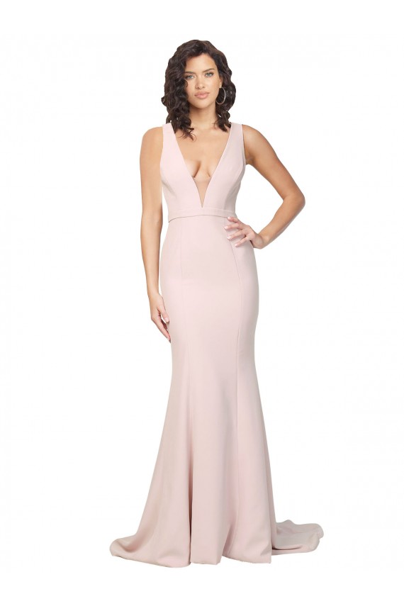 Vendedor de Decote V Crepe Esticado Sem Mangas Costas em V Rosa Bainha Vestidos de Madrinha / Vestidos de Noite / Vestidos de Festa