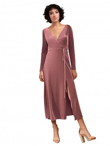 Vendedor de Decote V Veludo Elástico Mangas Compridas Rosa Canela Vestidos de Madrinha / Vestidos de Festa