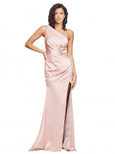 Vendedor de Um Ombro Cetim Sedoso Sem Mangas Lombar Rosa Vestidos de Madrinha / Vestidos de Noite / Vestidos de Festa