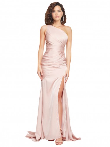 Vendedor de Um Ombro Cetim Sedoso Sem Mangas Rosa Vestidos de Madrinha / Vestidos de Noite / Vestidos de Festa