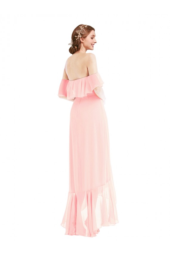 Vendedor de Fora do Ombro Chiffon Sem Mangas Rosa Alto Baixo Alto Baixo, Vestidos de Madrinha