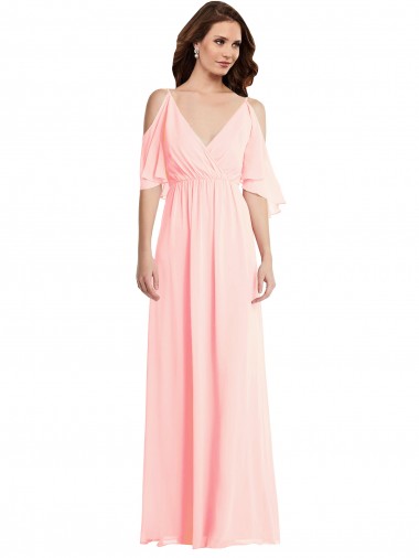 Vendedor de Decote V Chiffon Ombro Frio Costas em V Rosa Vestidos de Madrinha