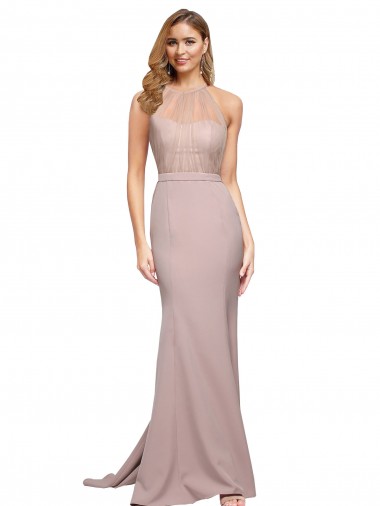Vendedor de Amor Crepe Esticado Sem Mangas Rosa Empoeirado Longo Vestidos de Madrinha / Vestidos de Noite / Vestidos de Festa