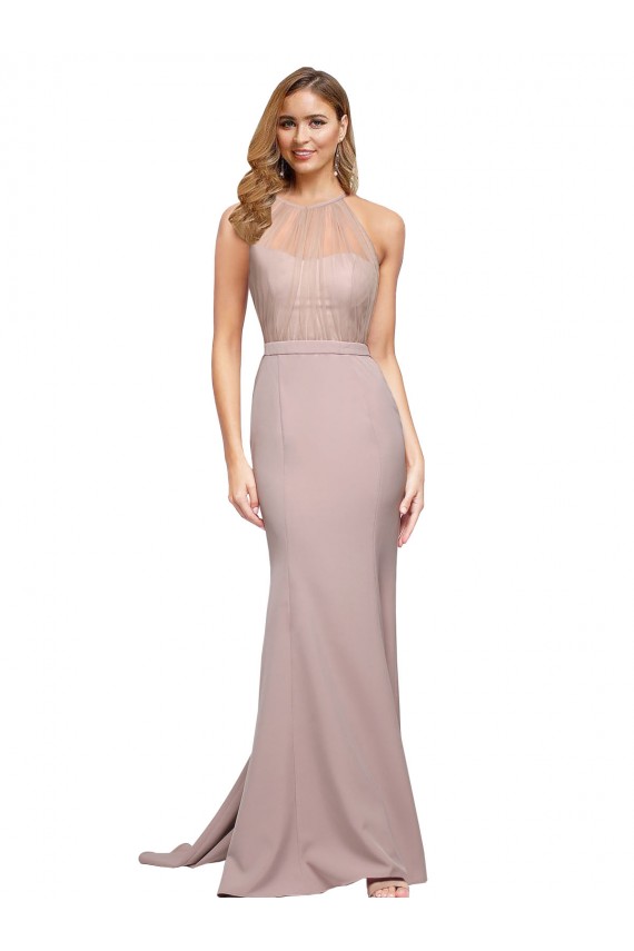 Vendedor de Amor Crepe Esticado Sem Mangas Rosa Empoeirado Longo Vestidos de Madrinha / Vestidos de Noite / Vestidos de Festa