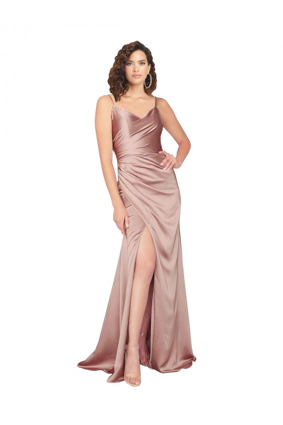 Vendedor de Decote V Cetim Sedoso Sem Mangas Costas em V Rosa Empoeirado Vestidos de Madrinha / Vestidos de Noite / Vestidos de Festa