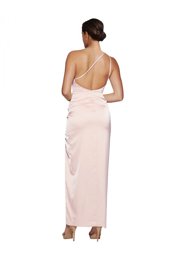 Vendedor de Um Ombro Cetim Sedoso Sem Mangas Lombar Rosa Vestidos de Madrinha / Vestidos de Festa