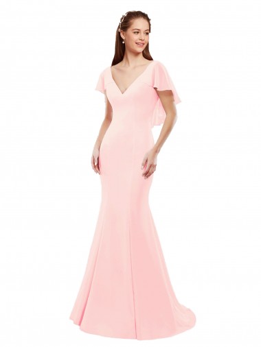 Vendedor de Decote V Chiffon Mangas Esvoaçantes Lombar Rosa Longo Vestidos de Madrinha