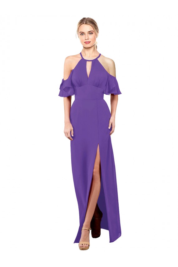 Vendedor de Cabeçada Chiffon Mangas Folhos Abrir de volta Roxo Vestidos de Madrinha