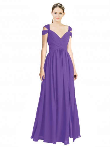 Vendedor de Fora do Ombro Chiffon Mangas Curtas Abrir de volta Roxo Vestidos de Madrinha