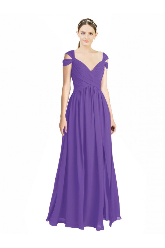 Vendedor de Fora do Ombro Chiffon Mangas Curtas Abrir de volta Roxo Vestidos de Madrinha