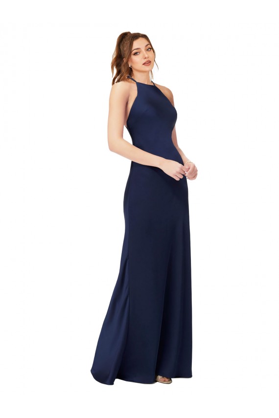 Vendedor de Decote Alto Cetim Sedoso Sem Mangas Criss Cruz Safira Vestidos de Madrinha / Vestidos de Noite / Vestidos de Festa