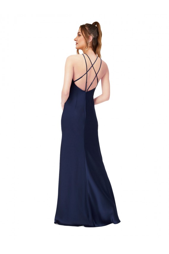 Vendedor de Decote Alto Cetim Sedoso Sem Mangas Criss Cruz Safira Vestidos de Madrinha / Vestidos de Noite / Vestidos de Festa