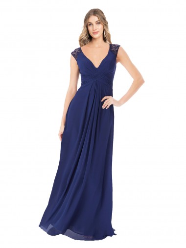 Vendedor de Decote V Chiffon Mangas Curtas Buraco da fechadura Safira Vestidos de Madrinha