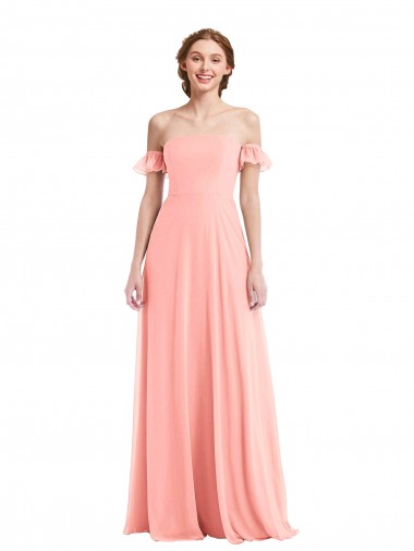 Vendedor de Fora do Ombro Chiffon Mangas Esvoaçantes Salmão Vestidos de Madrinha