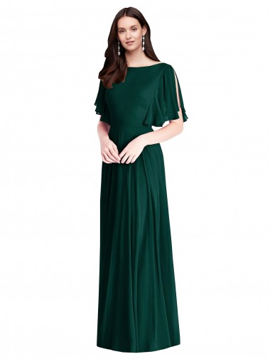 Vendedor de Barco Chiffon Mangas Sino Costas em V Sempre Verde Vestidos de Madrinha