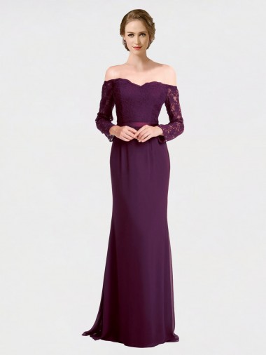 Vendedor de Fora do Ombro Chiffon & Renda Mangas Compridas Lombar Uva Vestidos de Madrinha