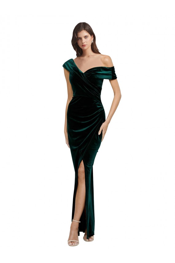 Vendedor de Fora do Ombro Veludo Elástico Sem Mangas Verde Escuro Vestidos de Madrinha / Vestidos de Noite / Vestidos de Festa