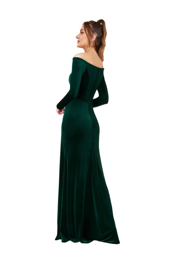 Vendedor de Fora do Ombro Veludo Elástico Mangas Compridas Verde Escuro Vestidos de Madrinha / Vestidos de Noite / Vestidos de Festa