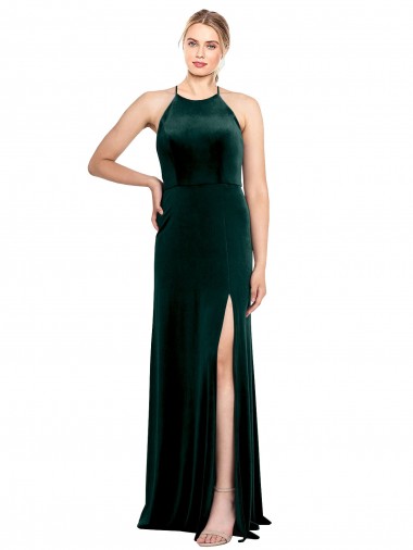 Vendedor de Alças finas Veludo Elástico Sem Mangas Buraco da fechadura Verde Escuro Vestidos de Madrinha / Vestidos de Festa