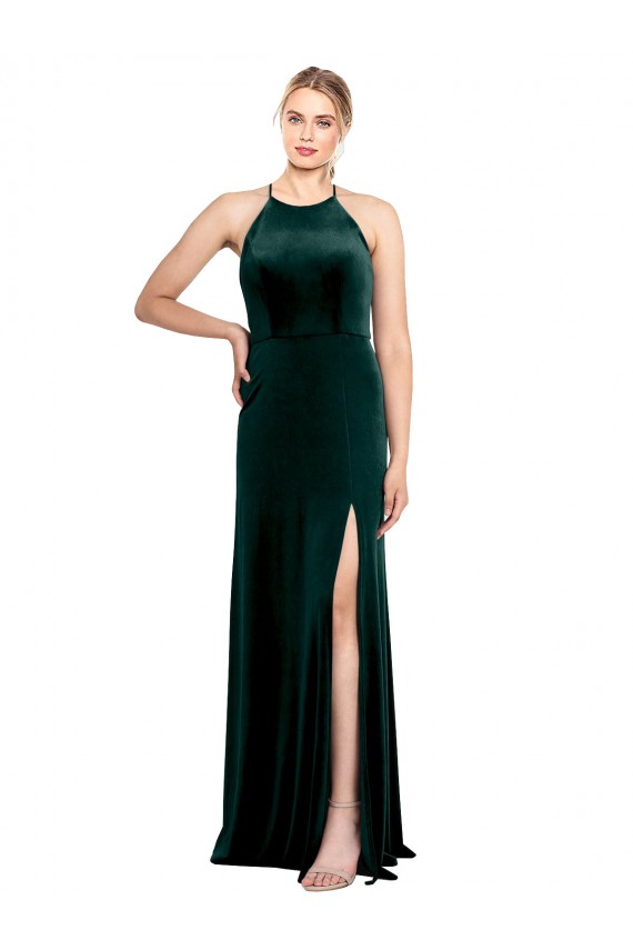 Vendedor de Alças finas Veludo Elástico Sem Mangas Buraco da fechadura Verde Escuro Vestidos de Madrinha / Vestidos de Festa