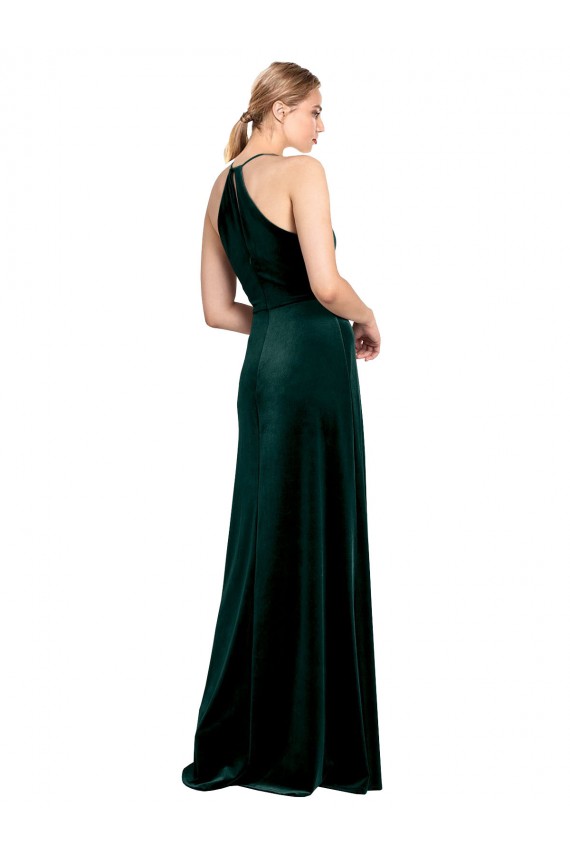 Vendedor de Alças finas Veludo Elástico Sem Mangas Buraco da fechadura Verde Escuro Vestidos de Madrinha / Vestidos de Festa