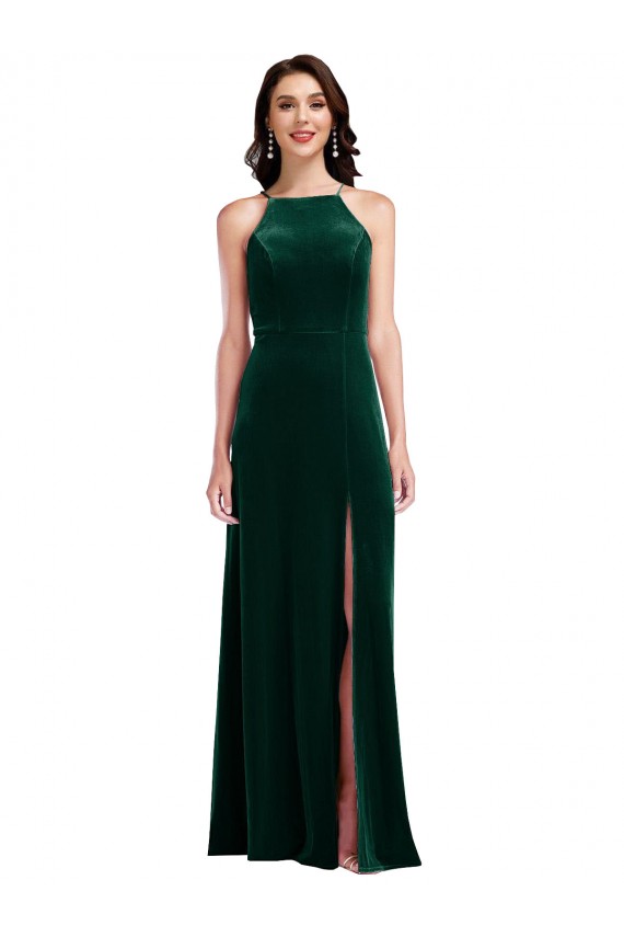 Vendedor de Cabeçada Veludo Elástico Sem Mangas Verde Escuro Vestidos de Madrinha / Vestidos de Festa