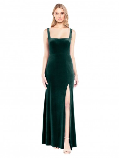 Vendedor de Decote Quadrado Veludo Elástico Sem Mangas Verde Escuro Longo Vestidos de Madrinha / Vestidos de Festa