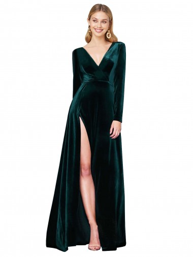 Vendedor de Decote V Veludo Elástico Mangas Compridas Verde Escuro Vestidos de Madrinha / Vestidos de Noite / Vestidos de Festa