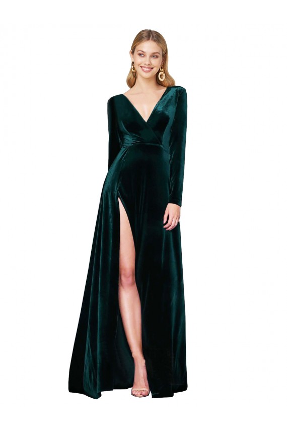 Vendedor de Decote V Veludo Elástico Mangas Compridas Verde Escuro Vestidos de Madrinha / Vestidos de Noite / Vestidos de Festa