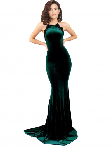 Vendedor de Decote Alto Veludo Elástico Sem Mangas Lombar Verde Escuro Vestidos de Madrinha / Vestidos de Noite / Vestidos de Festa