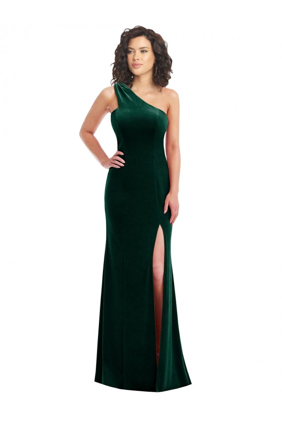 Vendedor de Um Ombro Veludo Elástico Sem Mangas Verde Escuro Vestidos de Madrinha / Vestidos de Festa