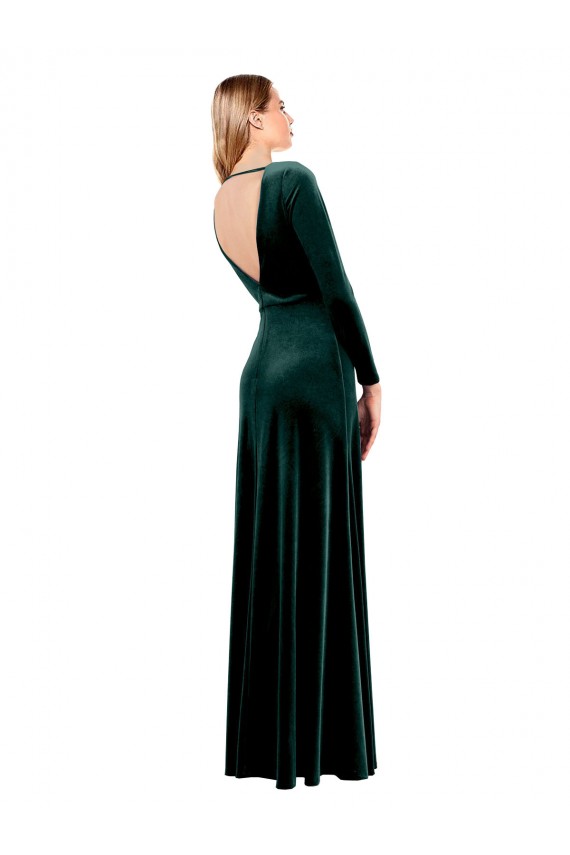 Vendedor de Decote V Veludo Elástico Mangas Compridas Abrir de volta Verde Escuro Vestidos de Madrinha / Vestidos de Festa