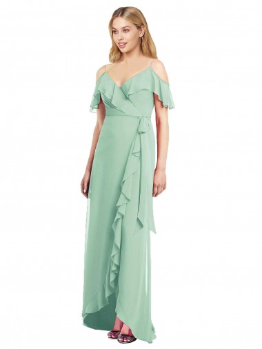 Vendedor de Alças finas Chiffon Ombro Frio Verde Menta Alto Baixo, Vestidos de Madrinha