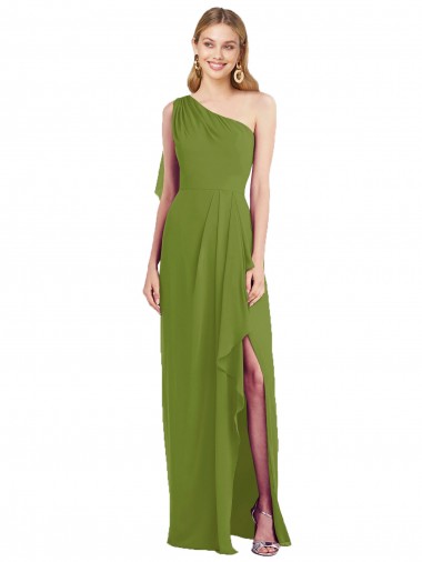 Vendedor de Um Ombro Chiffon Sem Mangas Verde Oliva Vestidos de Madrinha