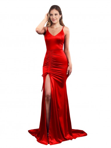 Vendedor de Amor Cetim Elástico Sem Mangas Lombar Vermelho Vestidos de Madrinha / Vestidos de Baile / Vestidos de Festa