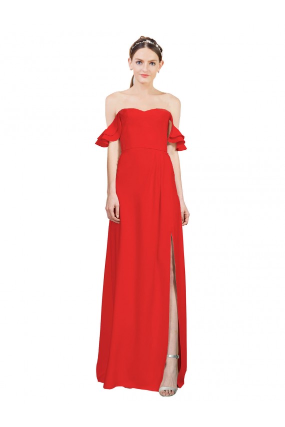 Vendedor de Fora do Ombro Crepe Esticado Sem Mangas Vermelho Vestidos de Madrinha / Vestidos de Noite