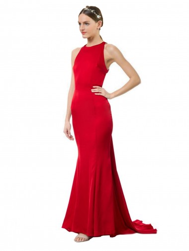 Vendedor de Cabeçada Crepe Esticado Sem Mangas Abrir de volta Vermelho Vestidos de Madrinha / Vestidos de Festa