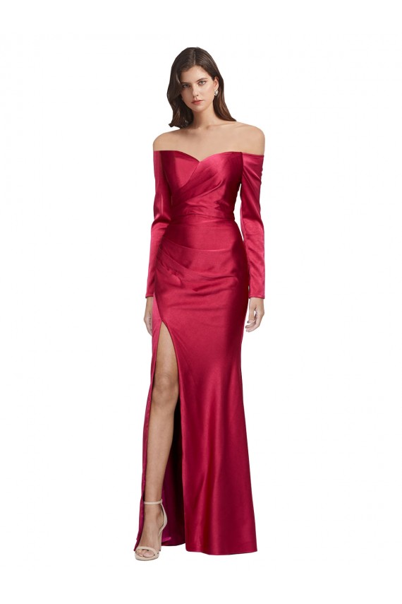 Vendedor de Amor Cetim Elástico Mangas Compridas Vermelho Escuro Vestidos de Madrinha / Vestidos de Noite / Vestidos de Festa