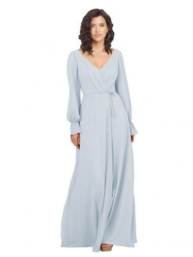 Vendedor de Decote V Chiffon Mangas Compridas Vidro Marinho Vestidos de Madrinha
