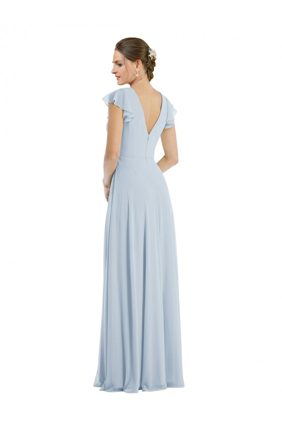 Vendedor de Barco Chiffon Mangas Esvoaçantes Costas em V Vidro Marinho Vestidos de Madrinha / Vestidos de Noite