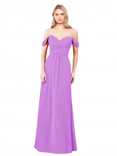 Vendedor de Fora do Ombro Chiffon Sem Mangas Violeta Vestidos de Madrinha