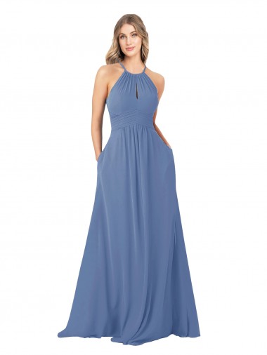 Vendedor de Decote Alto Chiffon Sem Mangas Abrir de volta Windsor Azul Vestidos de Madrinha